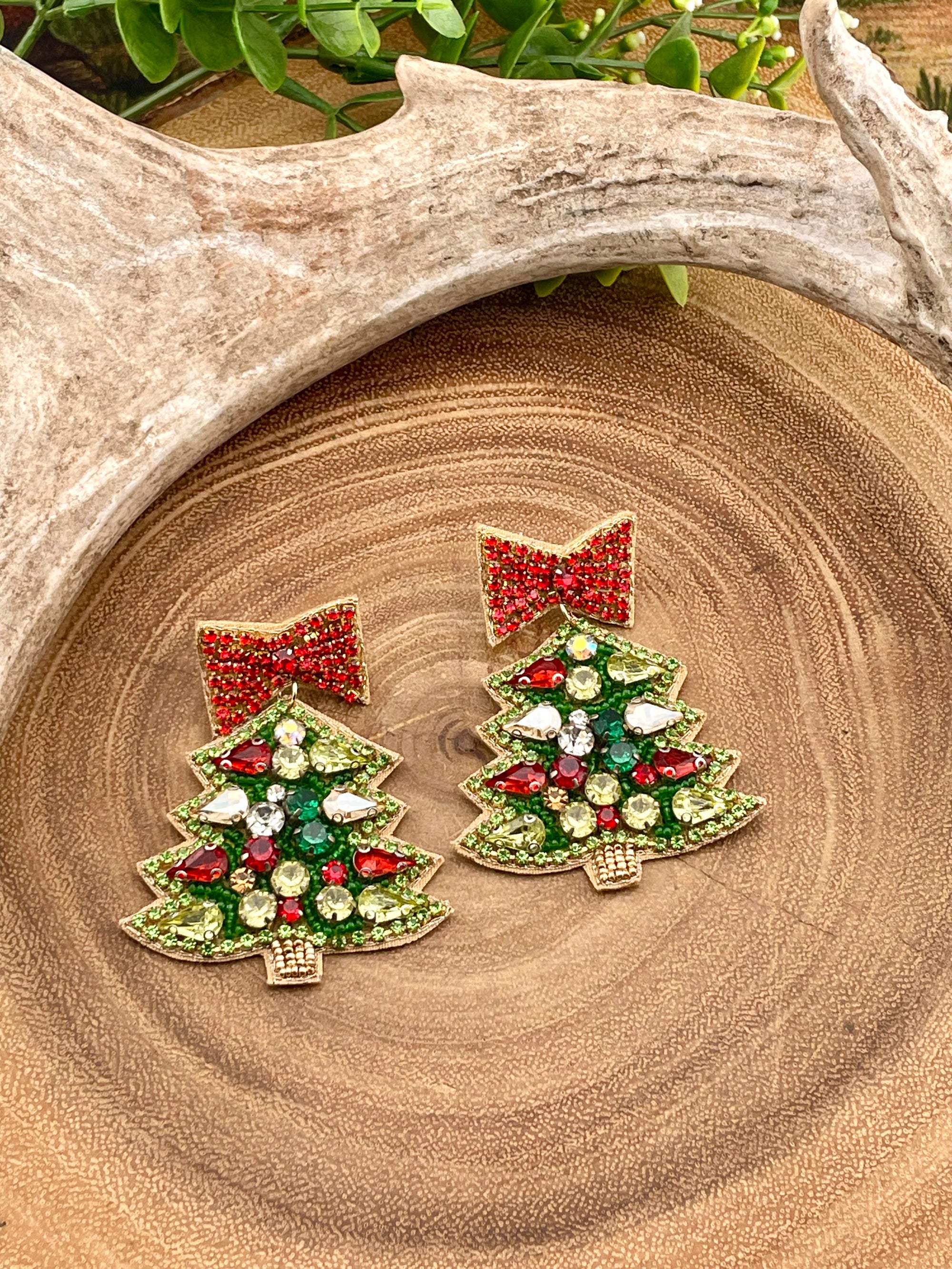 Red Bow Jewel Christmas Tree Earrings