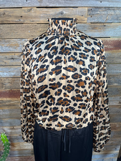 Casey Leopard Smocked Neck Long Sleeve Sheer Blouse