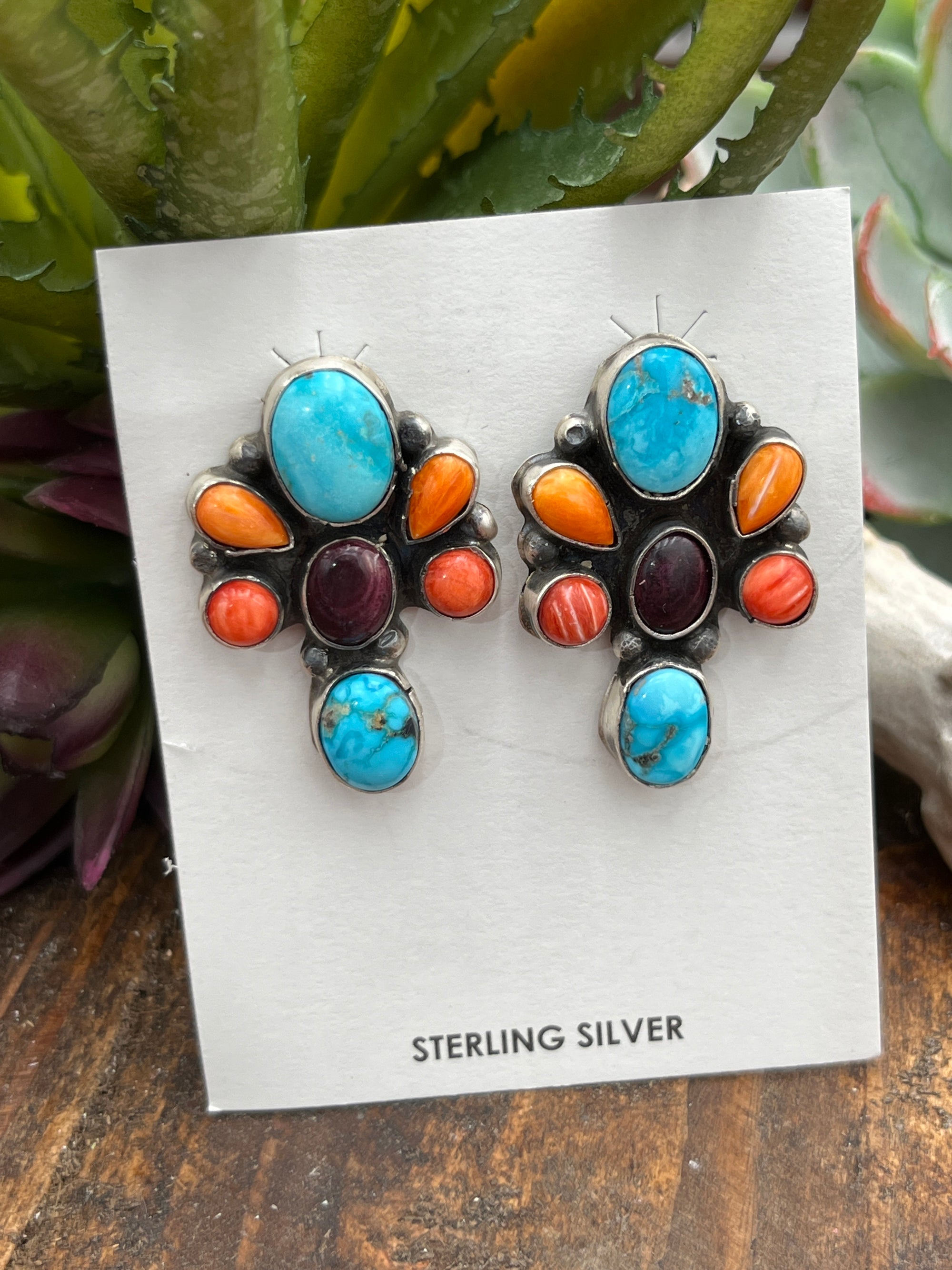 Vidalia Sterling 7 Stone Turquoise & Spiny Earrings