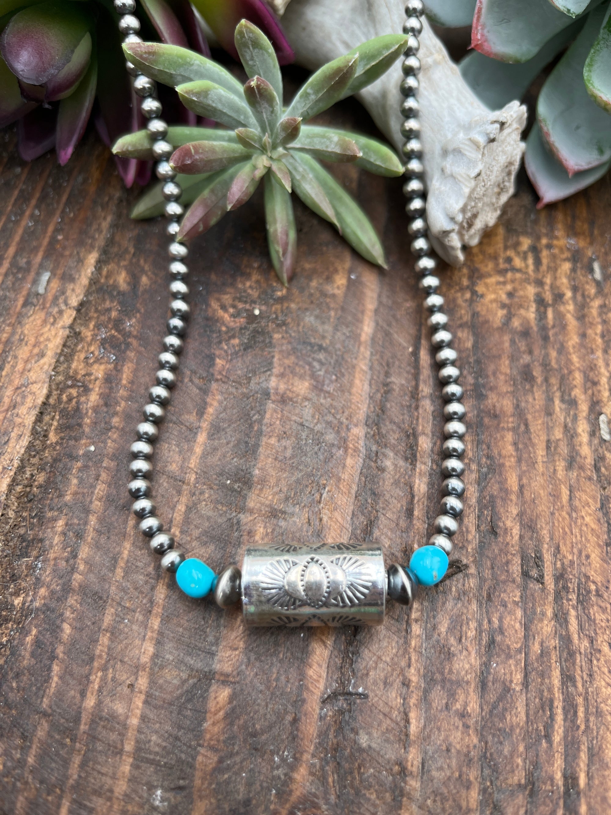 Caroline 3mm Navajo Necklace With Center Stamped Barrel Bead & Tumbled Turquoise - 20"