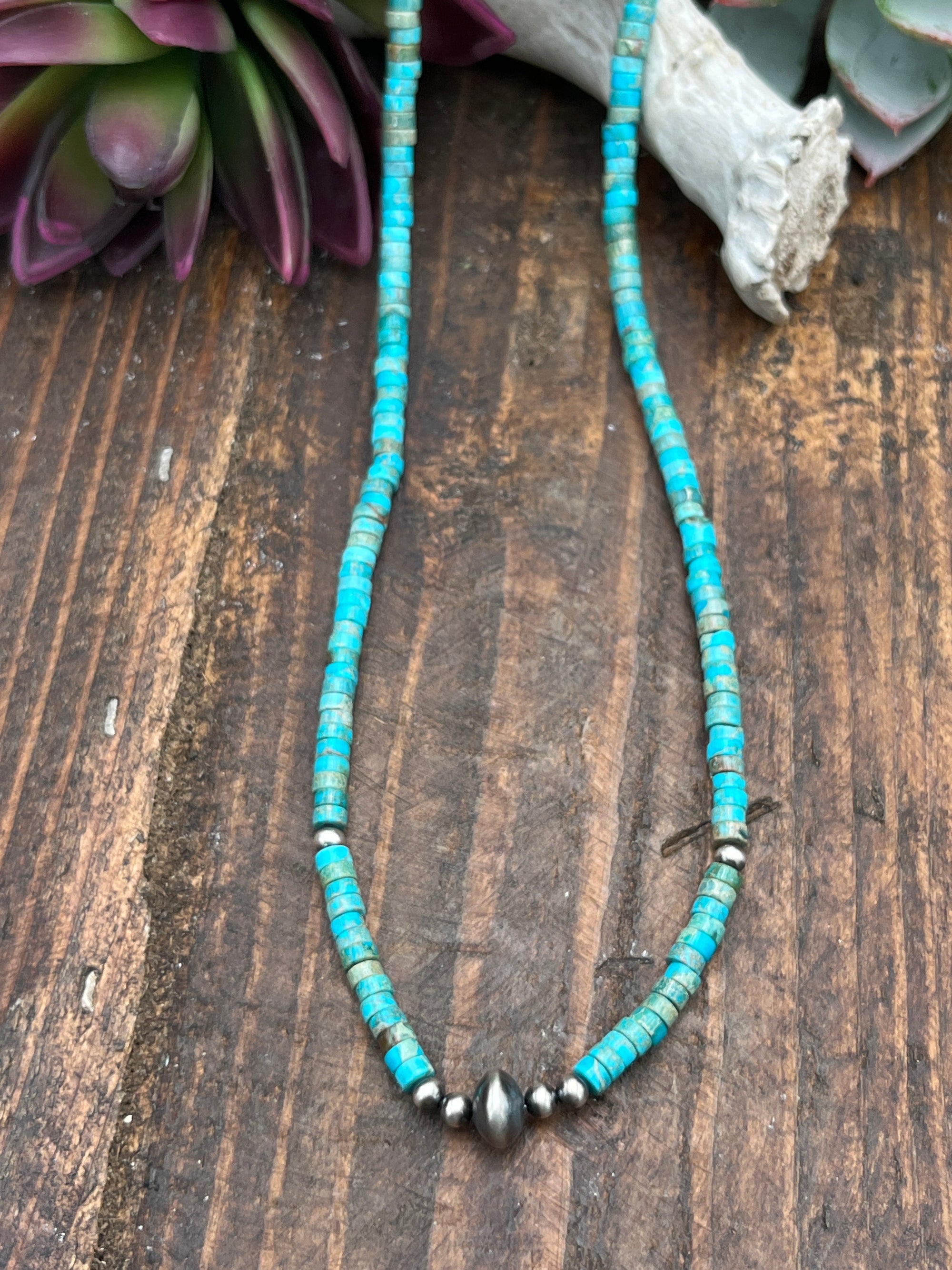 Martinsville Turquoise Heishi Necklace With Center Navajo Saucer & Beads - 18"