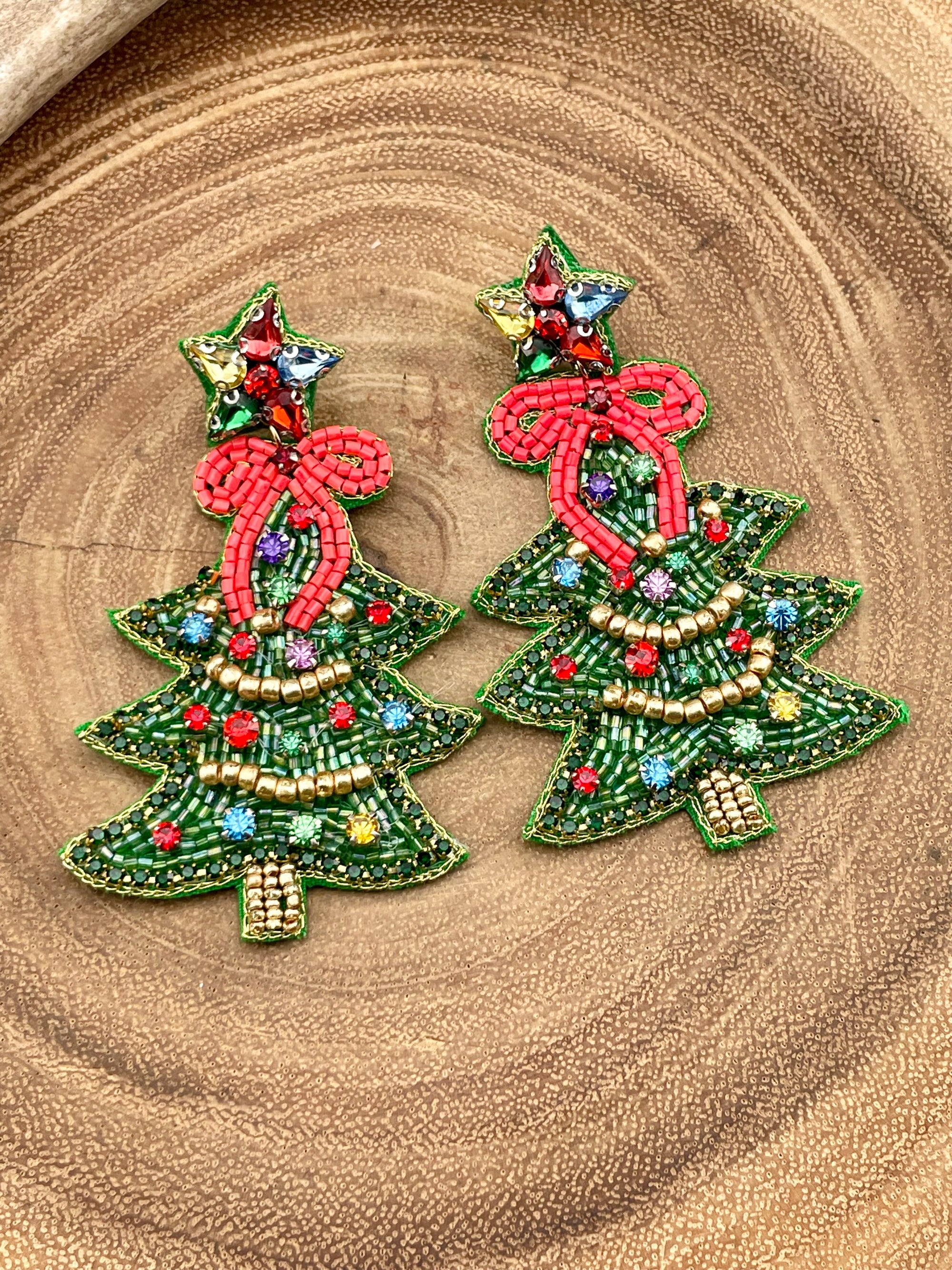 Star Topper Red Ribbon Beaded Christmas Tree Earrings