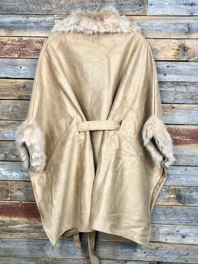 Suede Belted Cape With Wide Vegan Fur Collar & Cuffs - Tan