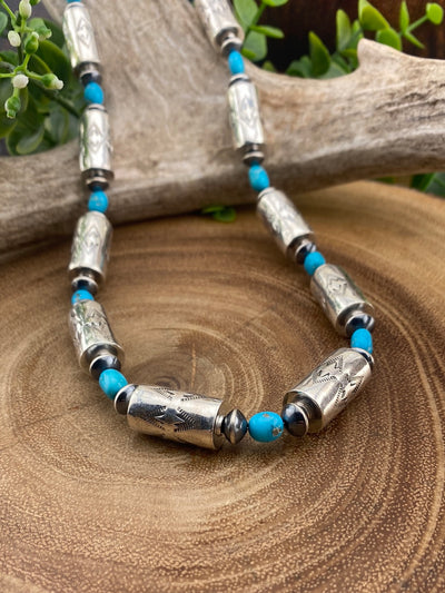 Jojo Sterling Silver Barrel Bead & Turquoise Necklace