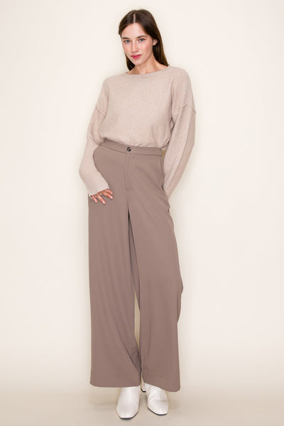 Waist Band Wide Leg Pockets Solid Straight Pants