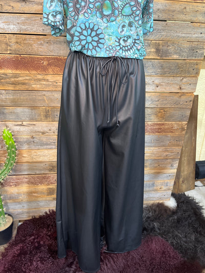 Casey Faux Leather Elastic Waist Drawsting Wide Leg Pants