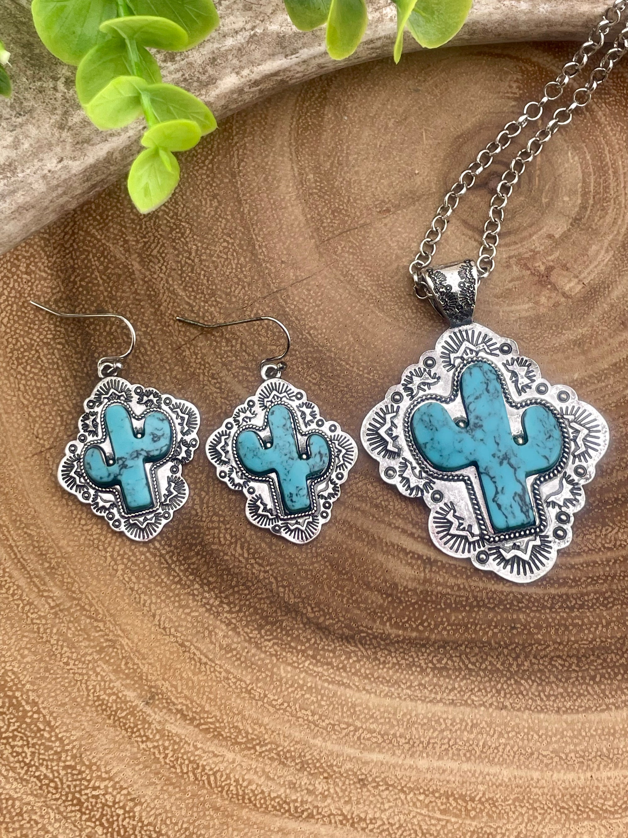 Dusty Framed Stone Cactus Necklace & Earrings - Turquoise