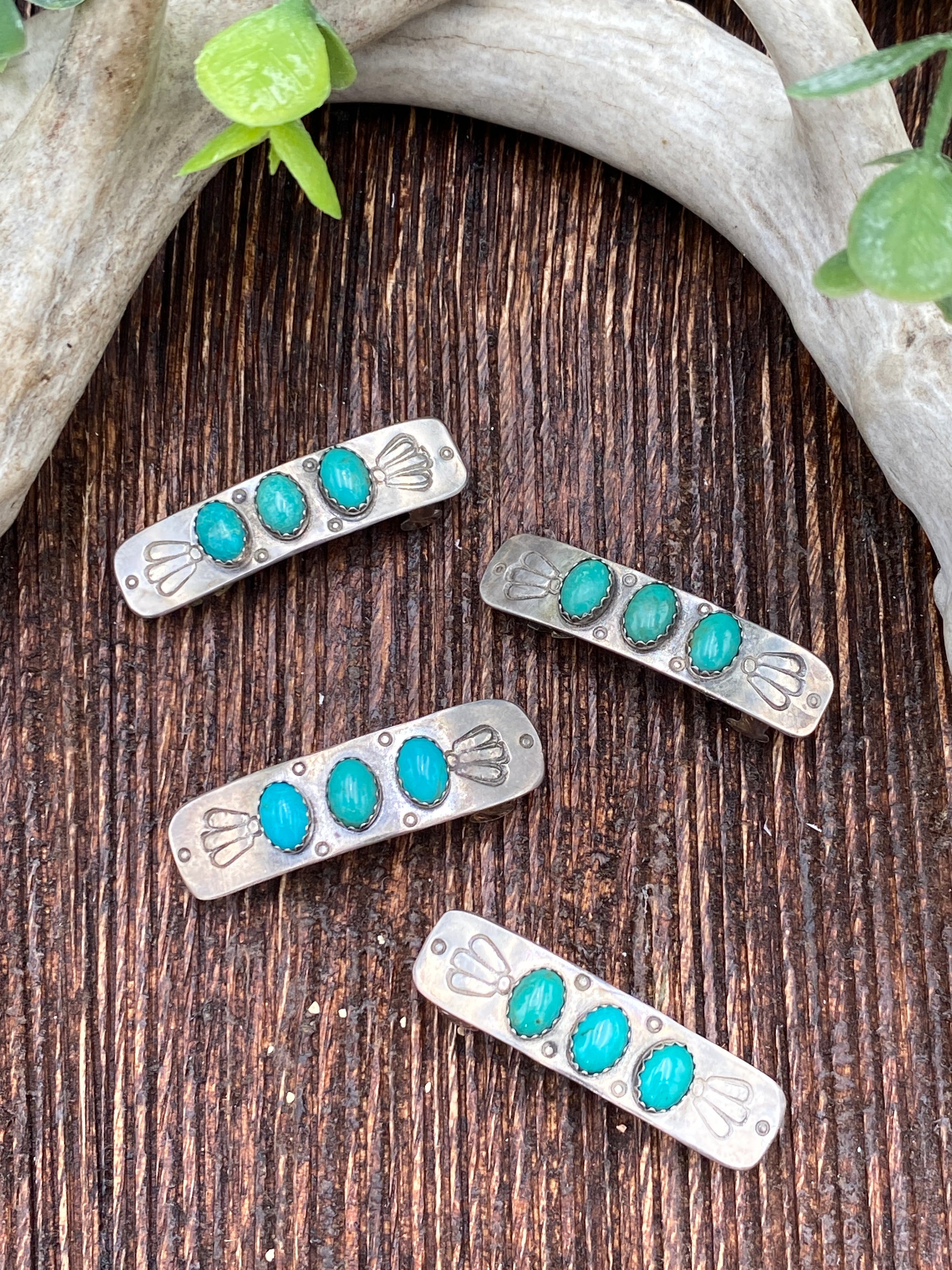 Cody Stamped Sterling Turquoise Barrettes