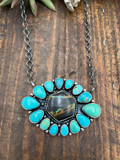 Sterling Link Chain With Dark Hexagon Center 15 Stone Turquoise Statement Necklace