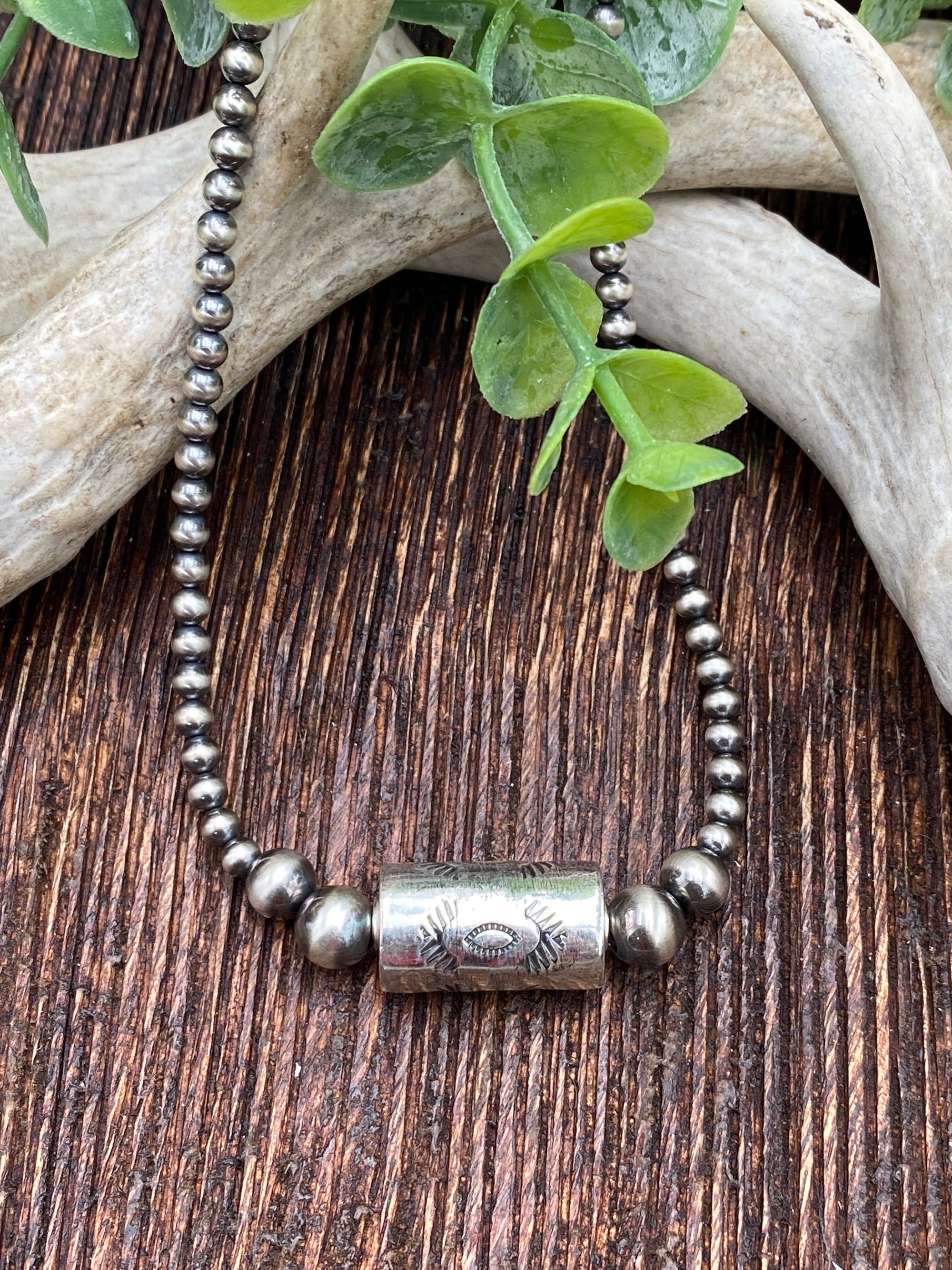 Chesterfield 3mm Navajo Necklace With Center Stamped Barrel Bead - 20"