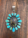 Sterling Dark Teardrop Center 16 Stone Turquoise Statement Pendant & Adjustable Ring