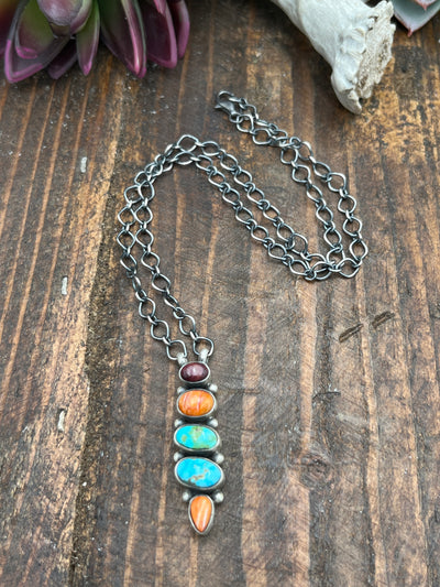 Americano Sterling Link Chain With 5 Stacked Stone Turquoise & Spiny Pendant - 18"