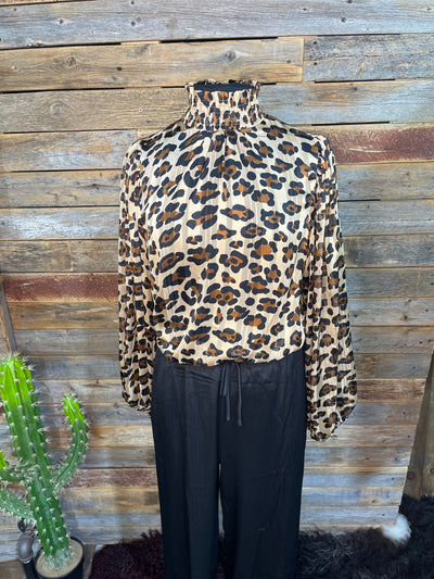 Casey Leopard Smocked Neck Long Sleeve Sheer Blouse