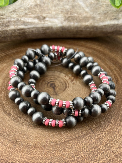 Feeling Cute Varied Navajo & Slim Bead Stretch Bracelet Set - Pink