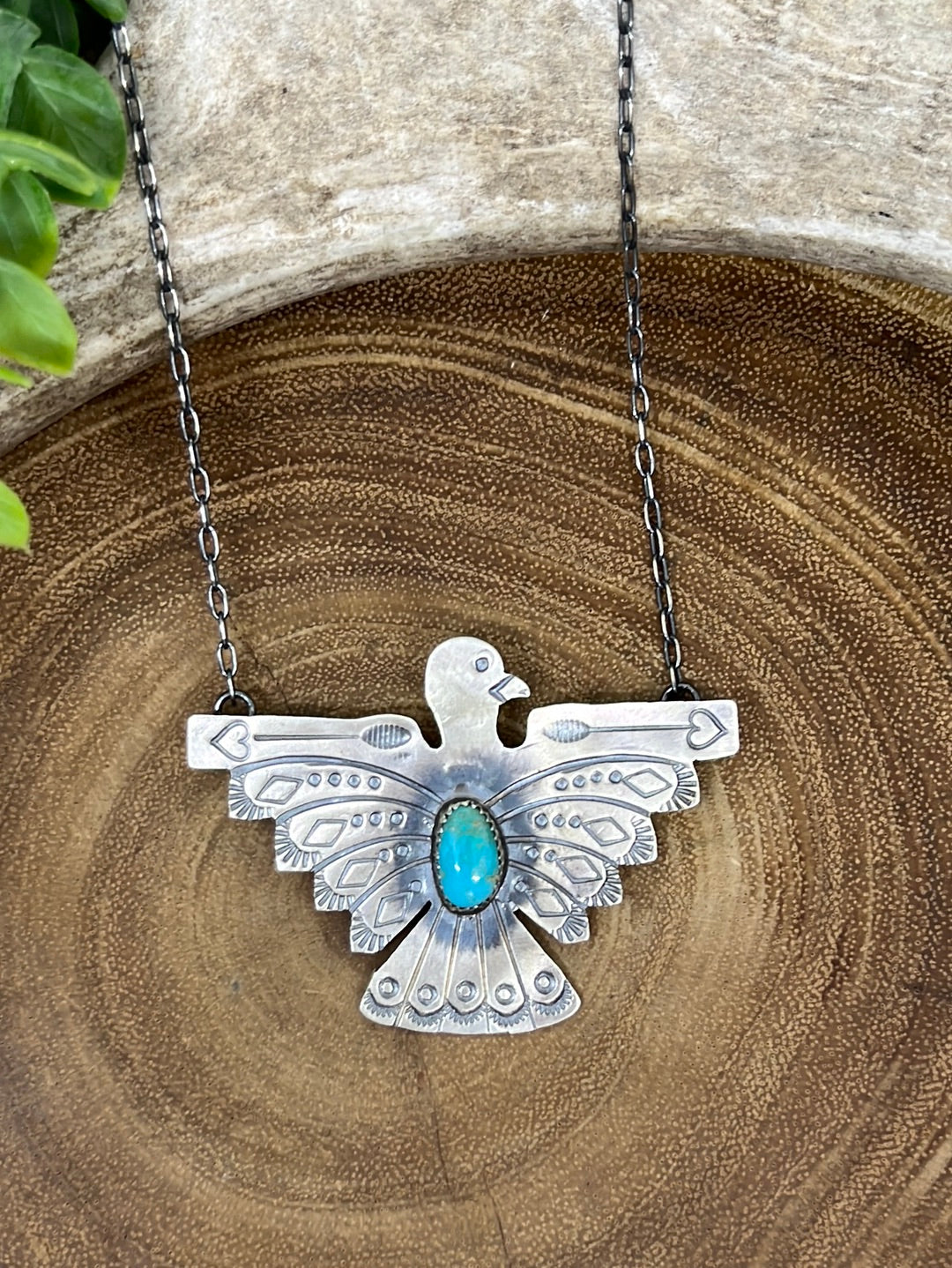 Lovely Sterling Link Chain With Thunderbird Pendant - Turquoise