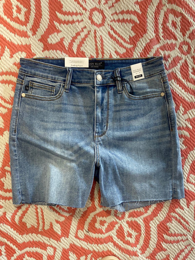 Mid Rise Frey Hem Denim Shorts