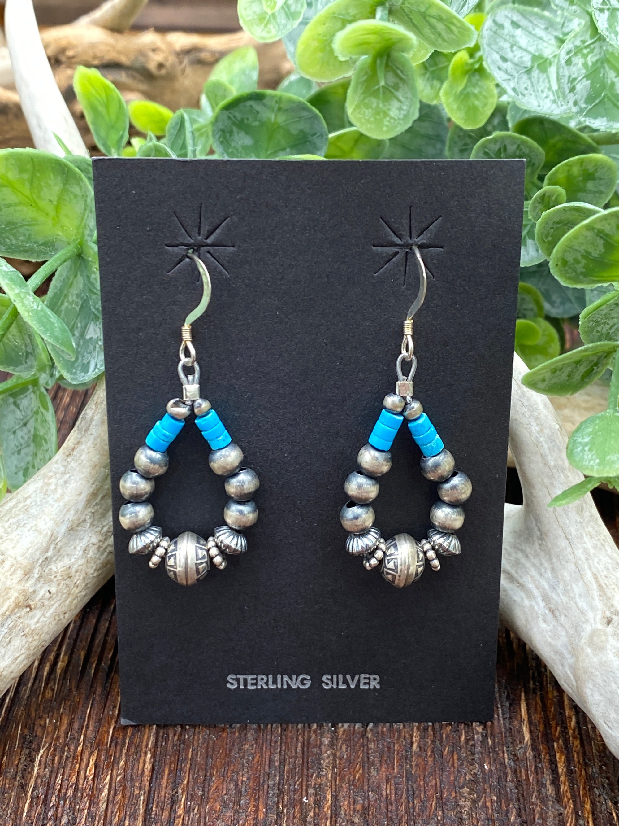 Pike Sterling Navajo Pearl, Stamped Bead & Turquoise Teardrop Earrings - 1.75"