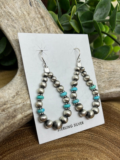 Little Elm Turquoise & Sterling Bead Teardrop Fish Hook Earrings - 2.25"