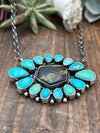 Sterling Link Chain With Dark Hexagon Center 15 Stone Turquoise Statement Necklace