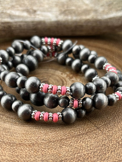 Feeling Cute Varied Navajo & Slim Bead Stretch Bracelet Set - Pink