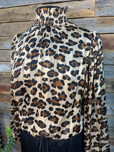 Casey Leopard Smocked Neck Long Sleeve Sheer Blouse