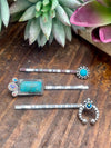 Bridgerton Turquoise & Rhinestone Fashion Silver 3 Piece Hair Pin Set