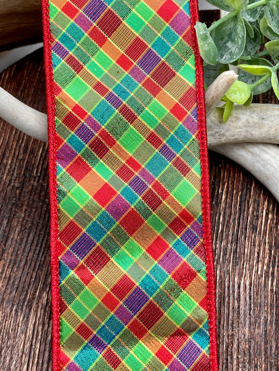 Plaid Metallic Red Backed Ribbon - 2.5" x 5 yards