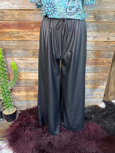 Casey Faux Leather Elastic Waist Drawsting Wide Leg Pants