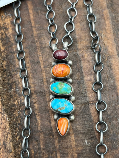 Americano Sterling Link Chain With 5 Stacked Stone Turquoise & Spiny Pendant - 18"