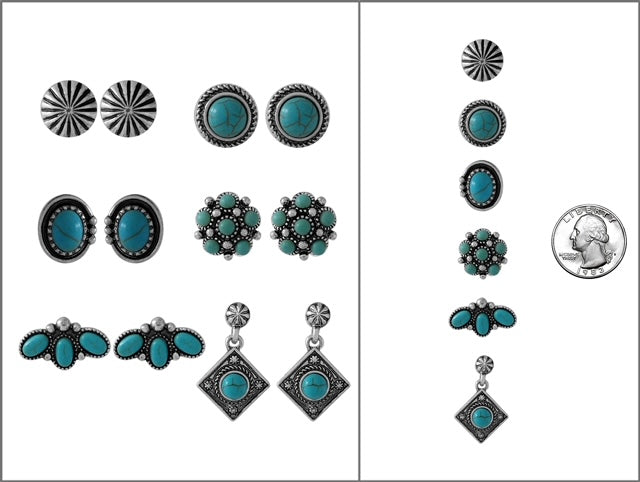 Abigail Fashion Concho & Turquoise Earring Set - 6 Pairs