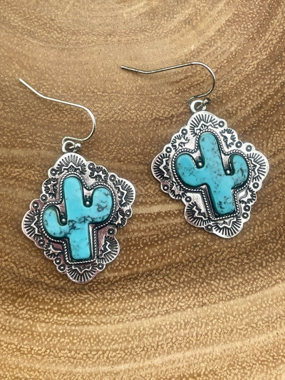 Dusty Framed Stone Cactus Necklace & Earrings - Turquoise