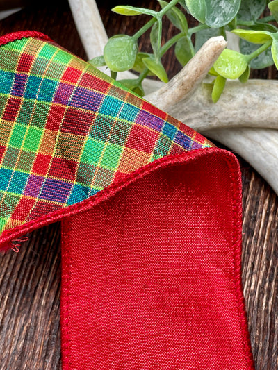 Plaid Metallic Red Backed Ribbon - 2.5" x 5 yards