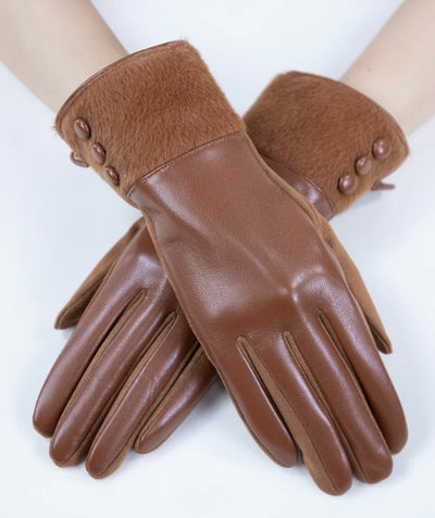 Faux Leather Gloves With Velvet Cuff & Button Detail