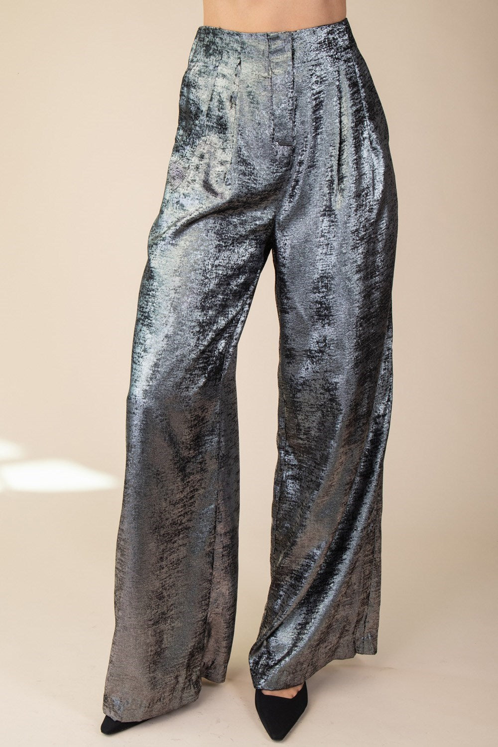 Dynamic High Waist Front Pleat Metallic Wide Leg Pant - Silver