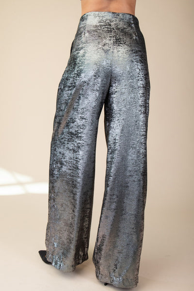 Dynamic High Waist Front Pleat Metallic Wide Leg Pant - Silver