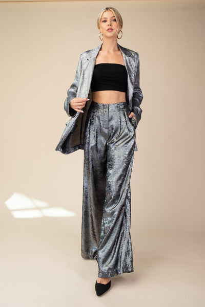 Dynamic High Waist Front Pleat Metallic Wide Leg Pant - Silver