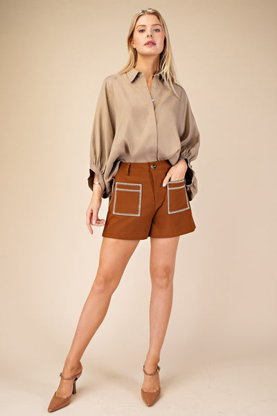 Adventure High Waist Embroidered Pocket Shorts - Brown