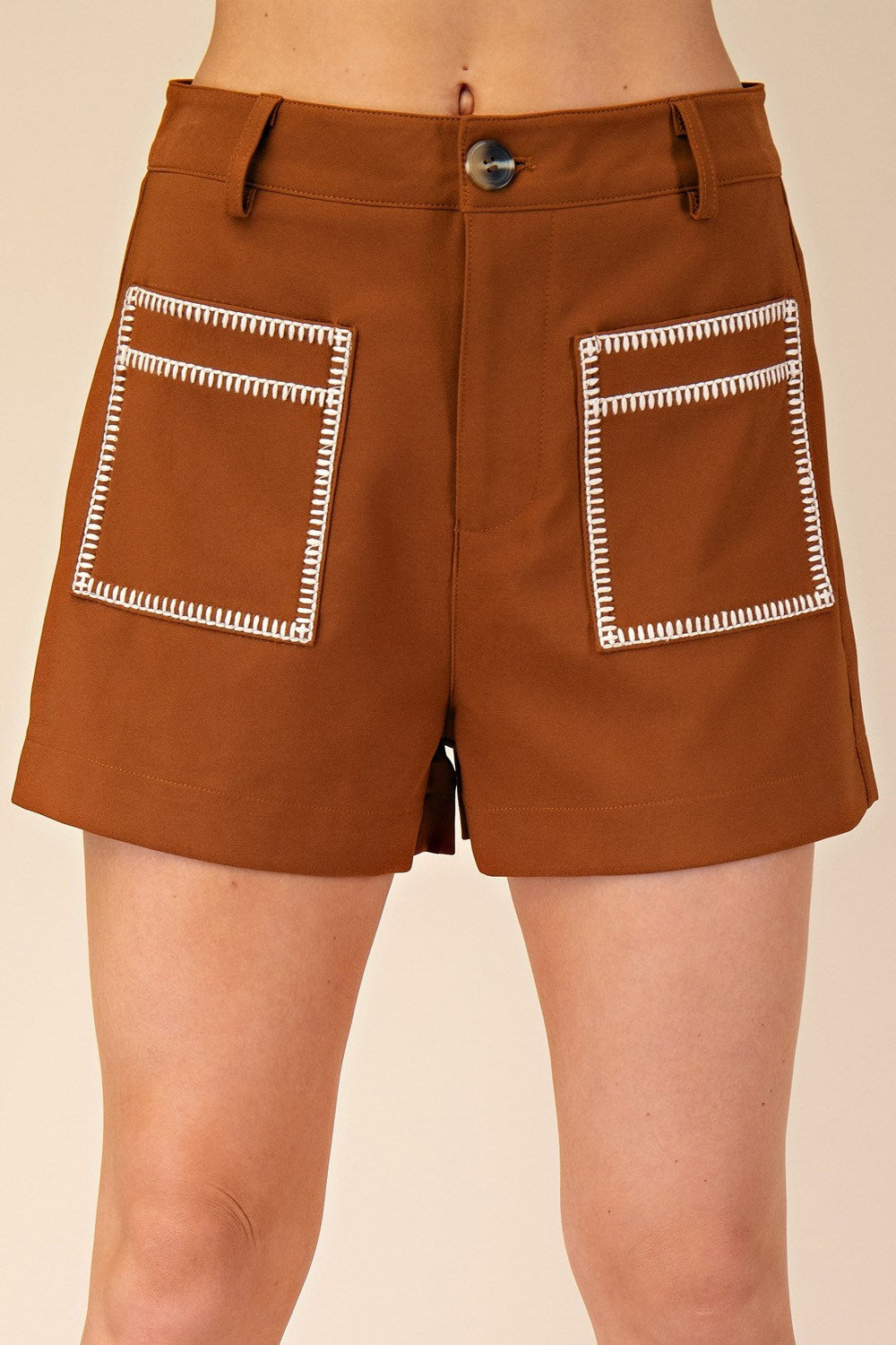 Adventure High Waist Embroidered Pocket Shorts - Brown