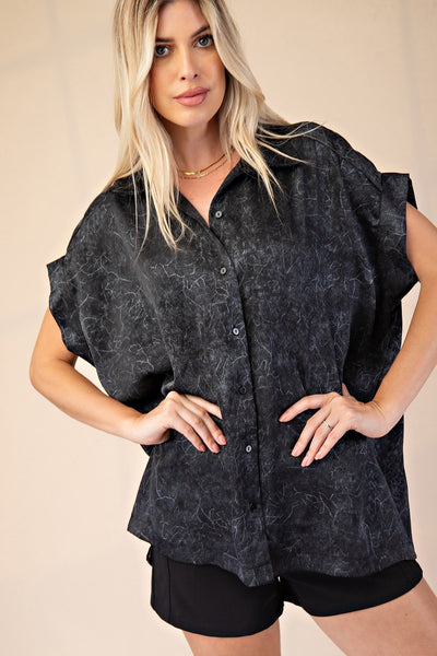 Electrifying Button Up Dolman Sleeve Satin Blouse