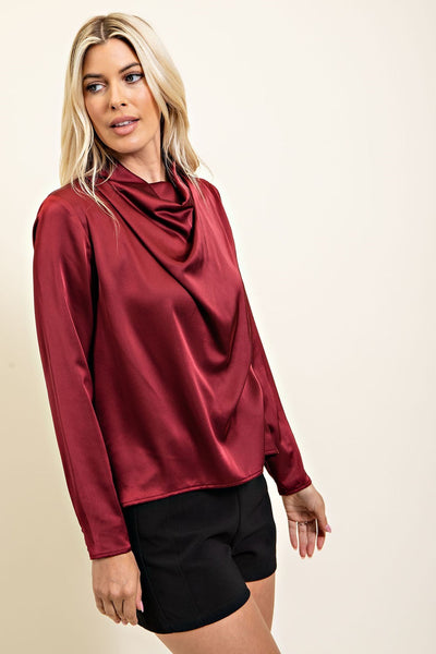 Cowl Neck Long Sleeve Satin Blouse