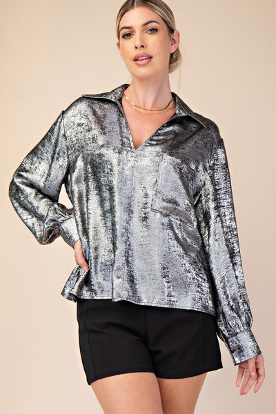 Anticipation Front Pocket Collared V Neck Satin Blouse - Silver