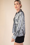 Anticipation Front Pocket Collared V Neck Satin Blouse - Silver