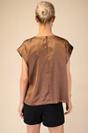 Charming Round Neck Cap Sleeve Satin Blouse -Black/Mocha