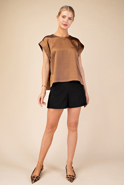 Charming Round Neck Cap Sleeve Satin Blouse -Black/Mocha