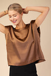 Charming Round Neck Cap Sleeve Satin Blouse -Black/Mocha