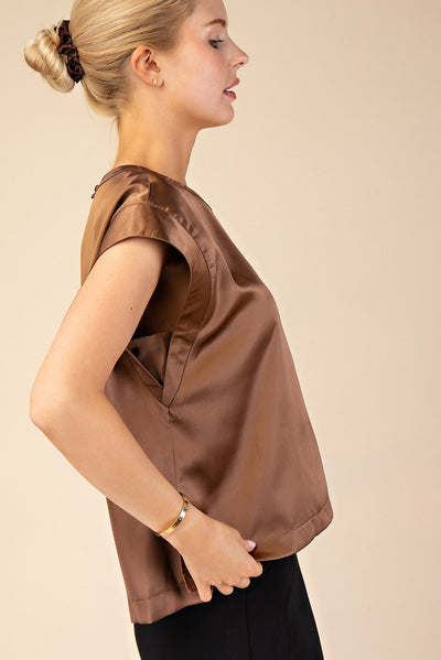 Charming Round Neck Cap Sleeve Satin Blouse -Black/Mocha