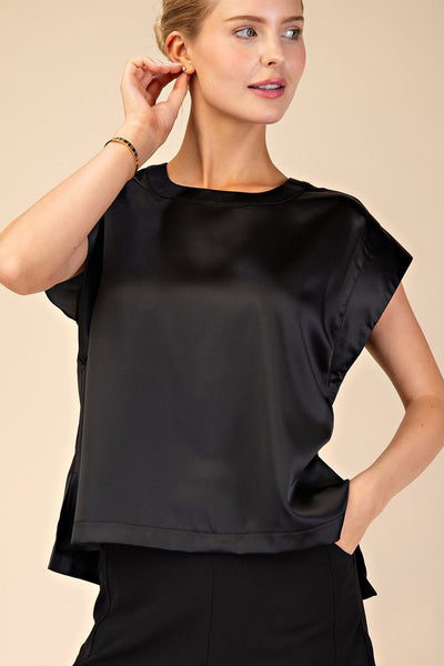 Charming Round Neck Cap Sleeve Satin Blouse -Black/Mocha