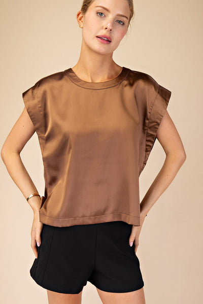 Charming Round Neck Cap Sleeve Satin Blouse -Black/Mocha