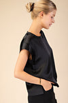 Charming Round Neck Cap Sleeve Satin Blouse -Black/Mocha