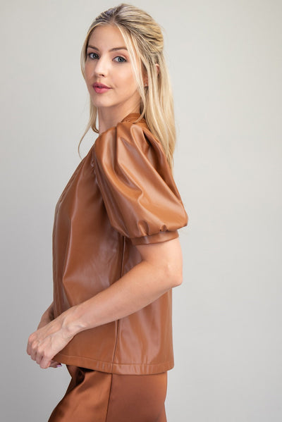 Grace V-neck Vegan Leather Top With Puff Sleeves